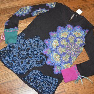 Montanaco Clothing Co~Cute Boutique Long Sleeve Black-Peacock Colors Bling Tee S